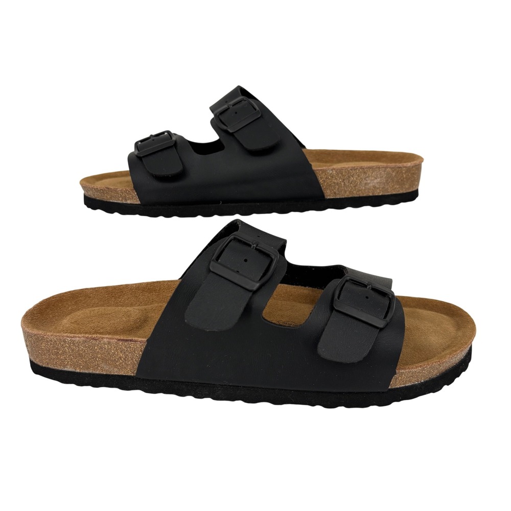 Cushionaire Lane Sandals Size 12 Black Leather Insole Cork Footbed Buckle Slides